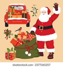 Christmas elements set. Santa Claus with a bag of gifts and a red car. Santa's car with gifts in the trunk. Illustrated vector clipart.