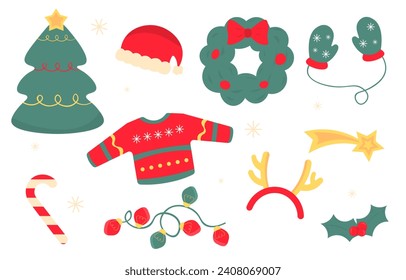 Christmas elements set. Santa claus hat and red sweater with pattern. Wreath with colorful balls, mittens. New Year and Noel Eve. Cartoon flat vector collection isolated on white backround