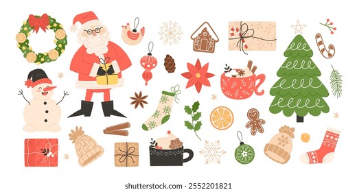 Christmas elements set with  Santa Claus and decorations