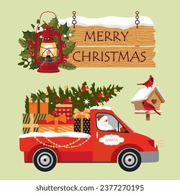 Conjunto de elementos de Navidad. El auto de Santa entrega regalos en el maletero. Cartel colgante de madera ¡Feliz Navidad! Pájaros rojos en una casa de aves cubierta de nieve. Clíparte vectorial ilustrada.