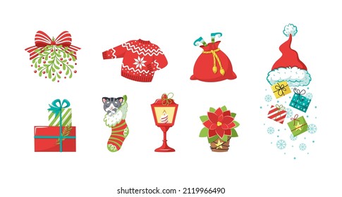 Christmas elements set. Snowflakes, Santa Claus hat, gifts, candles, gnome in sack, ugly sweater, cat sleep in sock, poinsettia in pot, mistletoe. Winter holiday attributes. Happy New Year flat vector