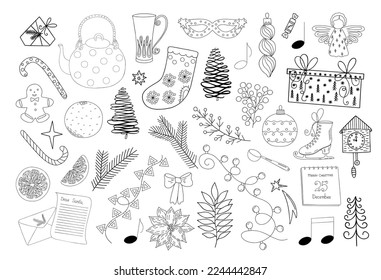 Christmas elements set teapot, skates, stocking, gift, letter to santa, gingerbread, fir-tree, garland, decoration hand drawn outline doodle for winter holiday greeting card, invitation, banner, decor