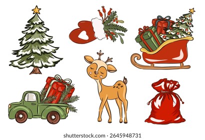 Elementos de Natal conjunto com presentes de árvore trenó caminhão de veado mitten e saco vermelho. Ilustração vetorial