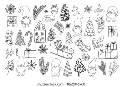 Christmas elements set trees, gifts, stockings, candy cane, snowflakes, gnomes hand drawn in simple outline doodle style for winter holidays greeting cards, invitations, banners, decor, stickers