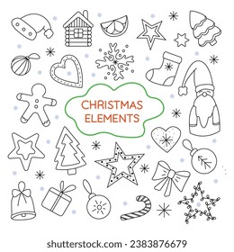 Christmas elements set. Vector illustration in doodle style. Isolated on white background