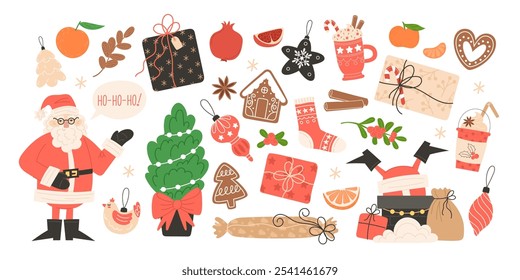 Christmas elements set with winter fruits, holiday treats, and decorations