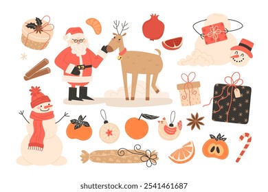 Navidades Elementos decorados con frutas de invierno, personajes navideños y decoraciones