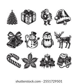 christmas elements silhouette set Vector Art.