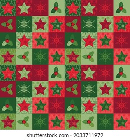 Christmas elements with snowflake, holly pattern. Cute seamless holidays background. Separate elements.