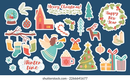 Christmas elements stickers set. Collection of graphic elements for website. Angel, glass ball, Christmas tree and socks. Gifts and deer. Cartoon flat vector illustrations isolated on blue background