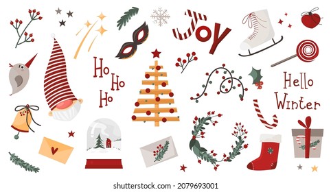 Christmas elements and stickers set with santa, christmas tree, wreath, skates and bell in flat modern style. Vector stock illustration