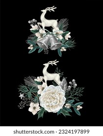 Christmas elements such as deers, white flowers, bells isolated. Vector.