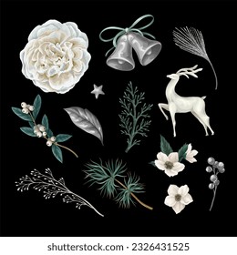 Elementos de Navidad como ciervos, flores blancas, campanas aisladas. Vector.