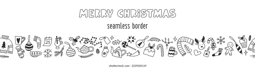 Christmas elements and symbols horizontal seamless border. Cozy winter and merry xmas holiday background. Hand drawn doodle vector illustration in black and white.