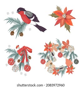 Elementos y símbolos navideños establecidos para tarjeta de saludo o pancarta con guirnaldas de abeto y Poinsettia y afinchador, ilustración vectorial plana aislada en fondo blanco. Colección navideña y Año nuevo.