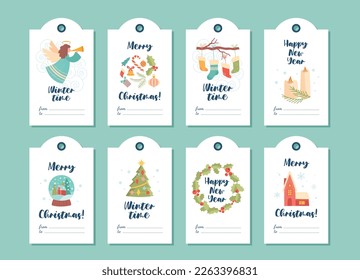 Christmas elements tags set. Collection of graphic elements for website. New Year, holiday and festival, winter. Culture and tradition. Cartoon flat vector illustrations isolated on green background