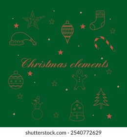 Christmas elements with Christmas tree, bell, Christmas tree decorations, candy