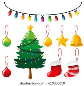 Christmas elements with tree and light illustration