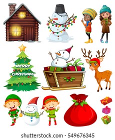 Christmas elements with tree and many characters illustration