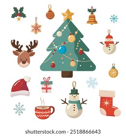 Elementos de Natal com uma árvore, Santa, presente e ícones de feriado para decoração de inverno