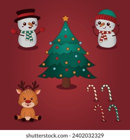 Christmas elements, tree, snowman, reindeer and candy cane