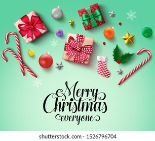 Christmas elements vector banner background. Merry christmas typography text with xmas objects and elements of santa sock, gift, candy cane, balls, snowflakes, and stars for greeting card in green.