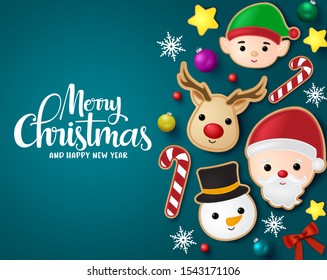 Christmas elements vector banner template. Merry Christmas greeting typography in blue empty space with xmas element like santa claus, reindeer, snowman, elf ,candy cane and star gingerbread cookie.