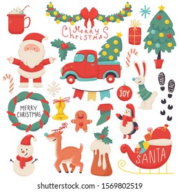 Christmas elements vector cartoon set isolated on white background.