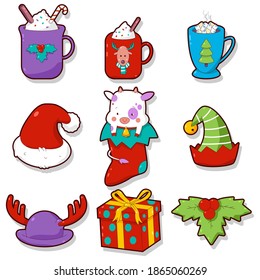 Christmas elements vector cartoon set isolated on a white background.