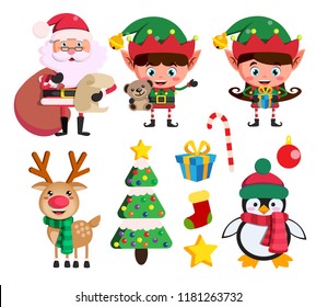 Christmas elements and vector characters like santa claus, elf ans reindeer with christmas elements and objects isolated in white background. Vector illustration.
