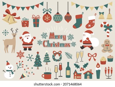 Christmas Elements Vector Flat Illustration Set Isolated On A Plain Background. 