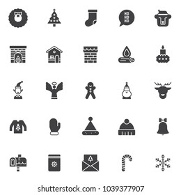 Christmas elements vector icons set, modern solid symbol collection, filled style pictogram pack. Signs, logo illustration. Set includes icons as pine tree, wreath decoration, socks, fireplace,chimney