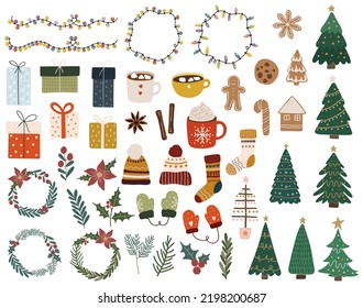 Christmas elements vector, Christmas illustration vector, New year banner, Abstract isolated Christmas items, Christmas food, drink, tree, decoration, light, clothes, gift, New year collection