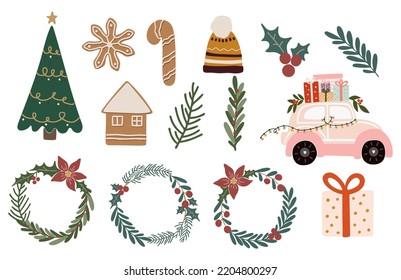 Christmas elements vector, Christmas illustration vector, New year banner, Abstract isolated Christmas items, Christmas food, drink, tree, decoration, light, clothes, gift, New year collection