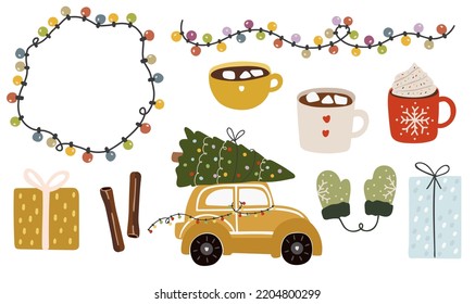 Weihnachtselemente, Vektorgrafik, WeihnachtsVektorgrafik, Neujahrsbanner, Abstrakte einzelne Weihnachtsartikel, Weihnachtsessen, Getränke, Bäume, Dekoration, Licht, Kleidung, Geschenk, Neue Jahrsammlung