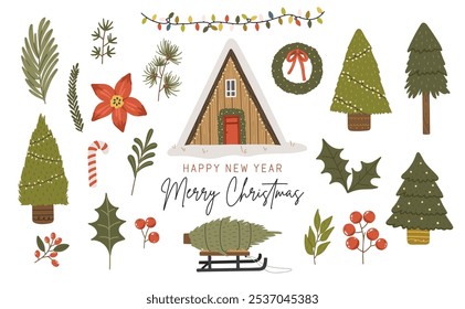 Christmas elements vector, Christmas illustration vector, New year banner, Abstract isolated Christmas items, Christmas food, drink, tree, decoration, light, clothes, gift, New year collection