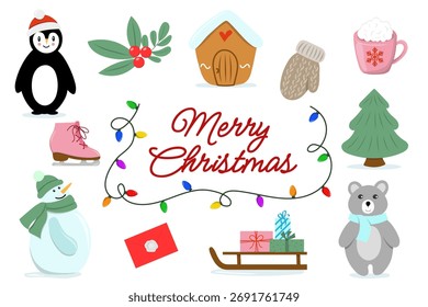 Christmas Elements Vector Illustration with penguin, snowman, bear, gifts, and festive decorations. Holiday winter clipart set