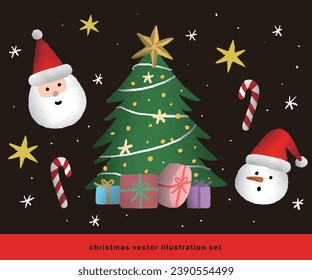 christmas elements vector illustration set. tree, santa, snowman, gift