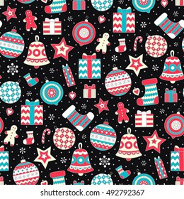 Christmas elements. Vector seamless pattern with hand drawn doodle winter objects - balls, stars, hearts, christmas tree, gingerbread man, candy, snowflakes. On black background.