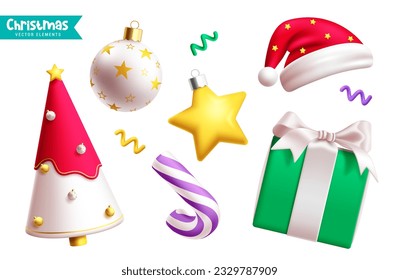 Weihnachtselemente, Vektordesign. Weihnachtsgeschenk, Hut, Stern und Weihnachtsbaumdekoration. Kollektion von saisonalen Partyelementen, Vektorgrafik.