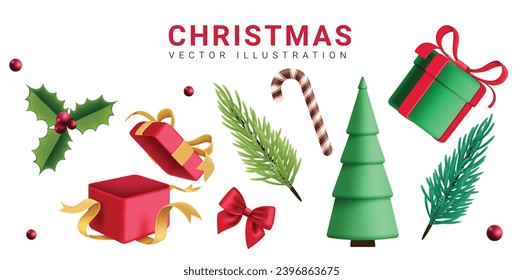 Christmas elements vector set design. Christmas elements like gift, holly berry, spruce and pine tree decoration ornaments in white background. Vector illustration xmas elements collection. 
