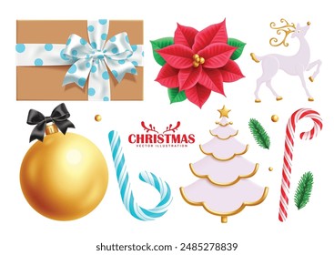 Christmas elements vector set design. Christmas gift, elegant pine tree, gold ball, deer, poinsettia flower, candy cane and balls ornaments in white isolated background. Vector illustration season 