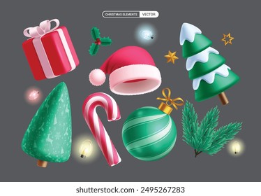 Christmas elements vector set design. Christmas 3d elements and ornaments like gift box, santa hat, pine tree, candy cane, spruce and xmas balls isolated in white background. Vector illustration 