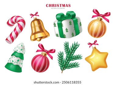 Navidades Elementos Vector set diseño. Navidades de caña de caramelo, campana de oro, caja de regalo, bolas de Navidad, elegante árbol de pino, hojas de especia y Elementos de estrellas en fondo aislado blanco. Ilustración vectorial 