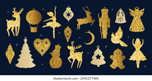 Christmas elements vector set. Luxury decorative element with Christmas tree, angel, gingerbread, reindeer with gold foil texture. Design for sticker, Happy New year, season's greetings card.