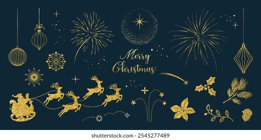 Navidades Elementos Vector conjunto. Elemento decorativo de lujo con Navidades de chuchería, renos, trineo santa, fuegos artificiales con textura de hoja de oro. Diseño para la etiqueta engomada, feliz año Nuevo, tarjeta de felicitación de la temporada.