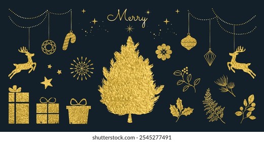 Christmas elements vector set. Luxury decorative element with Christmas tree, gift, reindeer, leaves, snowflake with gold foil texture. Design for sticker, Happy New year, season's greetings card.