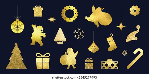 Christmas elements vector set. Luxury decorative element with Christmas tree, gift, santa, reindeer, bauble, wreath with gold foil texture. Design for sticker, Happy New year, season's greetings card.