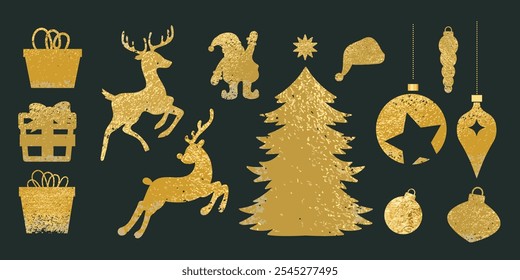 Christmas elements vector set. Luxury decorative element with Christmas tree, santa, reindeer, gift, bauble with gold foil texture. Design for sticker, Happy New year, season's greetings card.