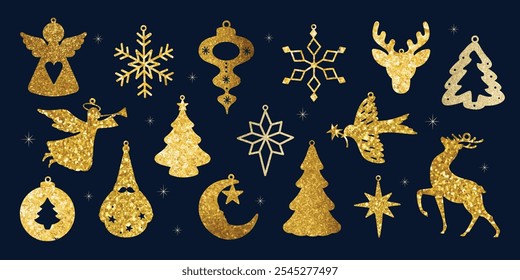 Christmas elements vector set. Luxury decorative element with Christmas tree, bauble, snowflake, angel, reindeer with gold foil texture. Design for sticker, Happy New year, season's greetings card.